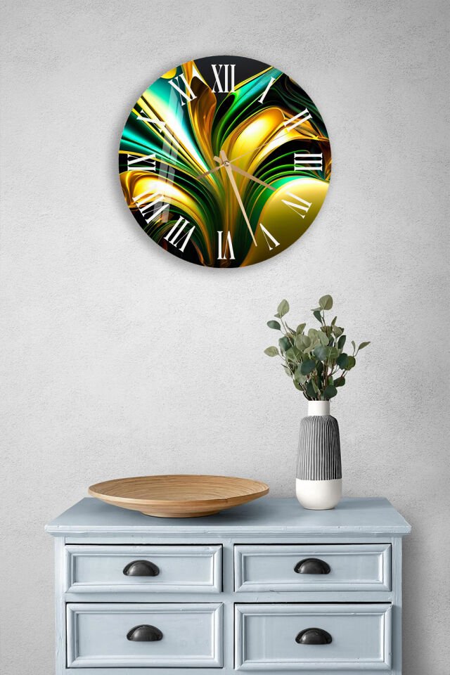 KIRILMAZ CAM DUVAR SAATİ, HEM TABLO HEM SAAT YEŞİL ALTIN AKIŞKAN MODERN SANAT TASARIMI EV OFİS HEDİYESİ