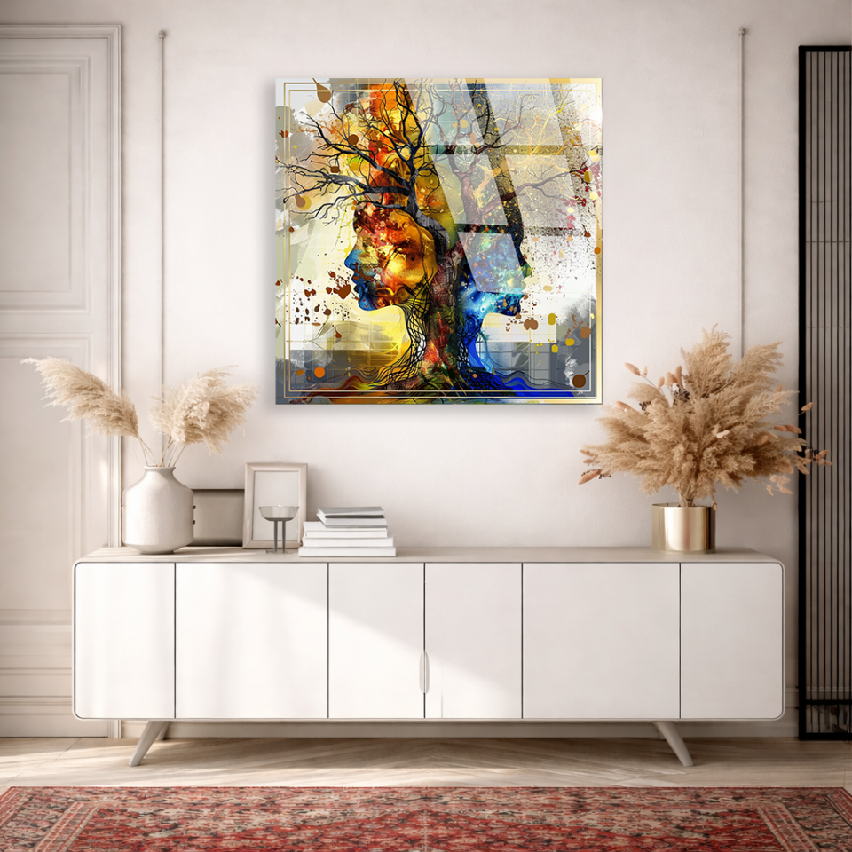 KIRILMAZ CAM TABLO , MODERN DUVAR DEKORASYONU SOYUT YÜZ AĞAÇ SANAT TASARIM EV OFİS HEDİYESİ