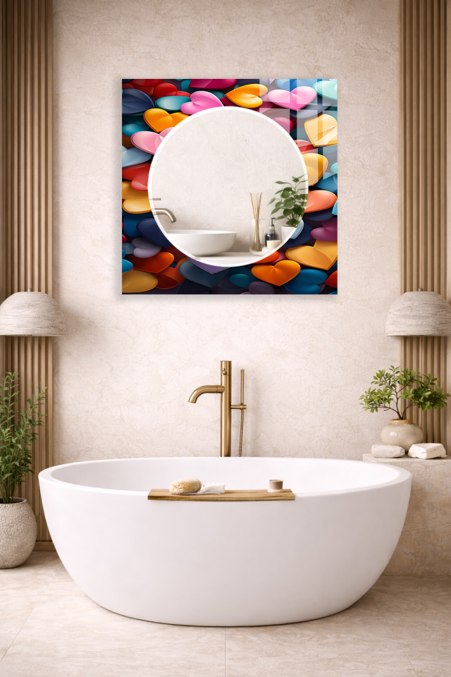 HEM TABLO HEM AYNA RENKLİ KALP 3D POP ART DESEN CAM DUVAR AYNASI EV DEKORU