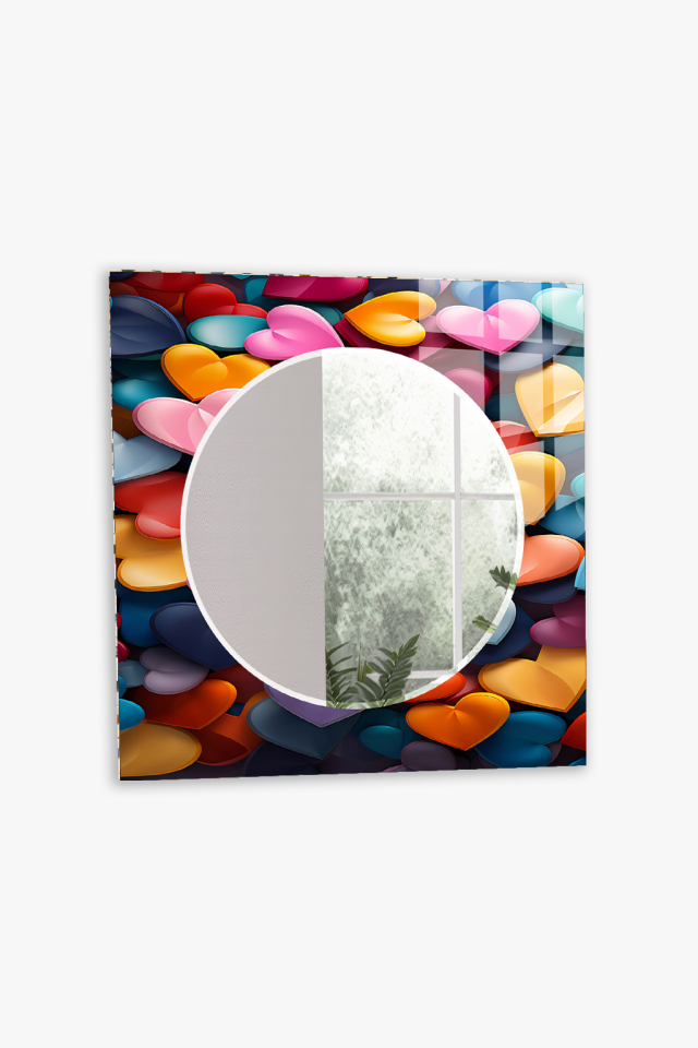 HEM TABLO HEM AYNA RENKLİ KALP 3D POP ART DESEN CAM DUVAR AYNASI EV DEKORU