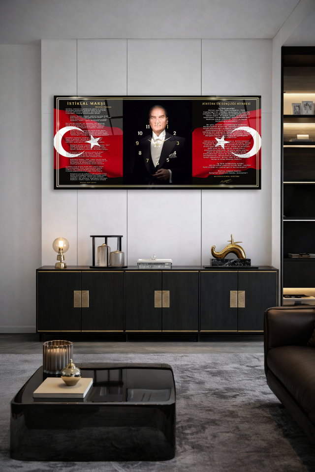 KIRILMAZ CAM DUVAR SAATİ , HEM TABLO HEM SAAT ATATÜRK İMZALI ÖZEL TASARIM EV OFİS HEDİYESİ
