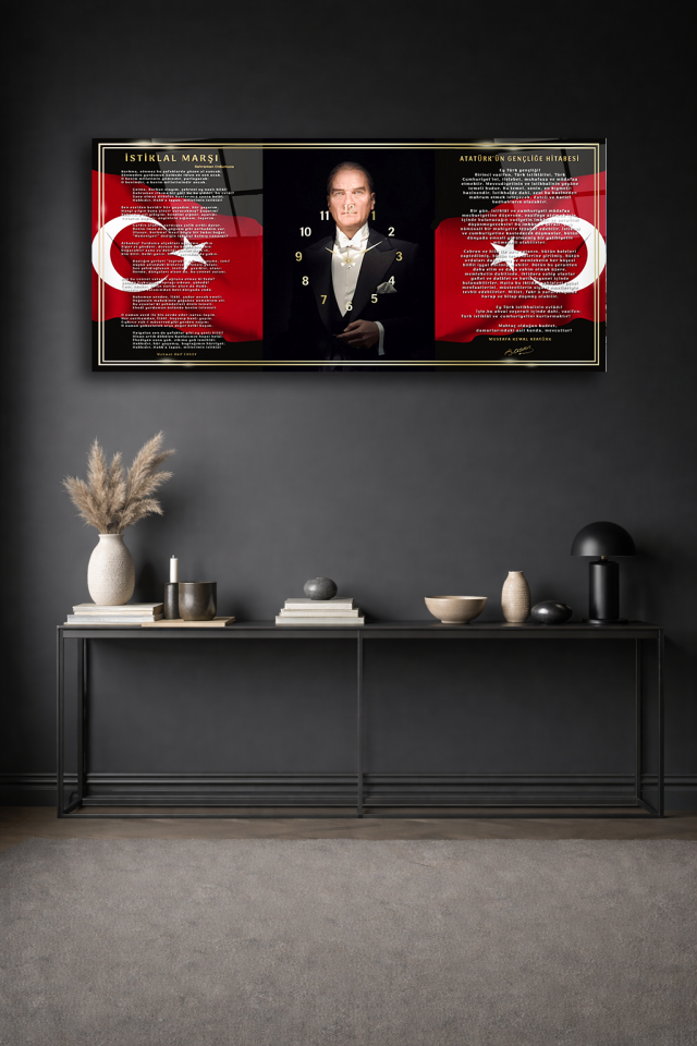 KIRILMAZ CAM DUVAR SAATİ , HEM TABLO HEM SAAT ATATÜRK İMZALI ÖZEL TASARIM EV OFİS HEDİYESİ