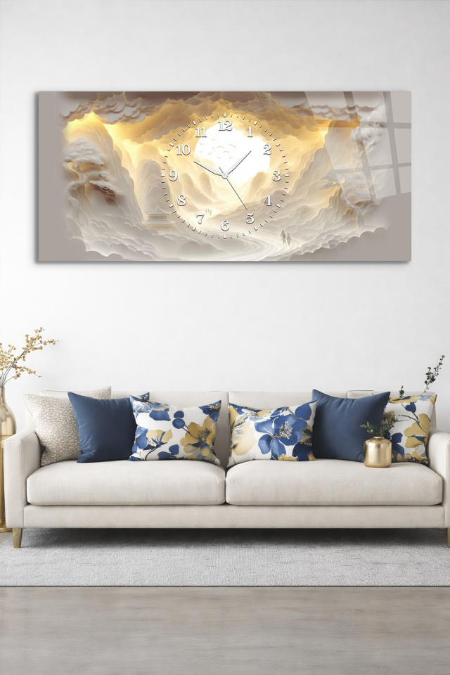 KIRILMAZ CAM DUVAR SAATİ, HEM TABLO HEM SAAT BULUT VE IŞIK YOLU EV OFİS HEDİYESİ