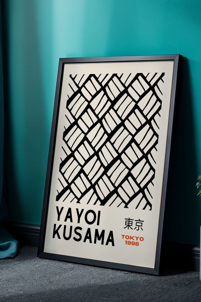 SİYAH - Doğal Ahşap Çerçeveli Spiralli Dalgalar Japandi Tablo