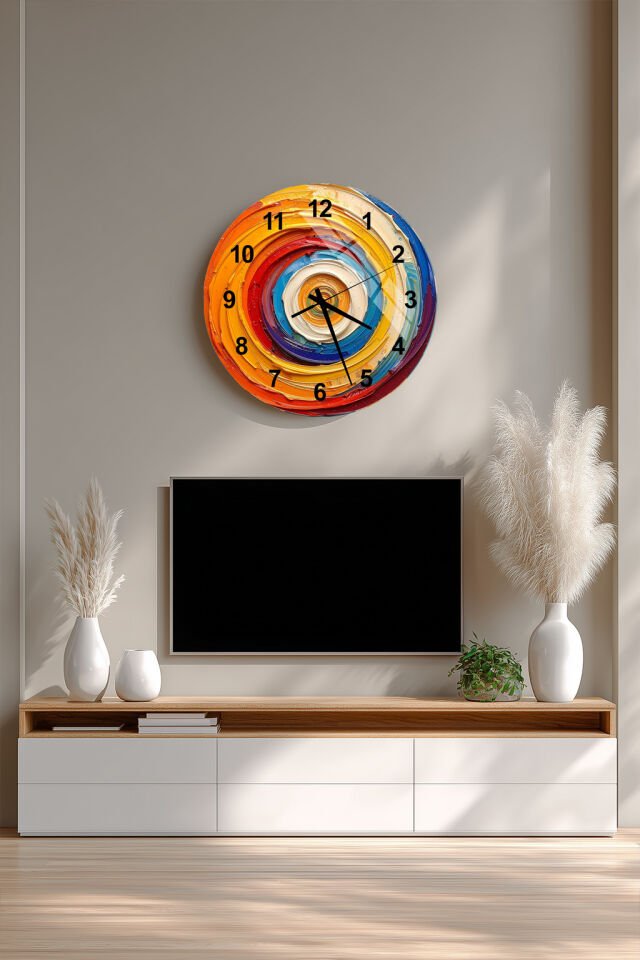 KIRILMAZ CAM DUVAR SAATİ, HEM TABLO HEM SAAT RENKLİ YAĞLI BOYA DOKULU SANATSAL TASARIM EV OFİS HEDİYESİ