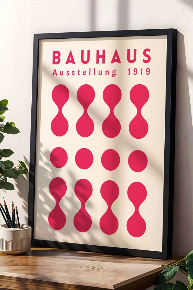 SİYAH - Pembe Bauhaus Stili Minimalist Vintage Geometrik Sanat Ahşap Çerçeveli Duvar Tablosu