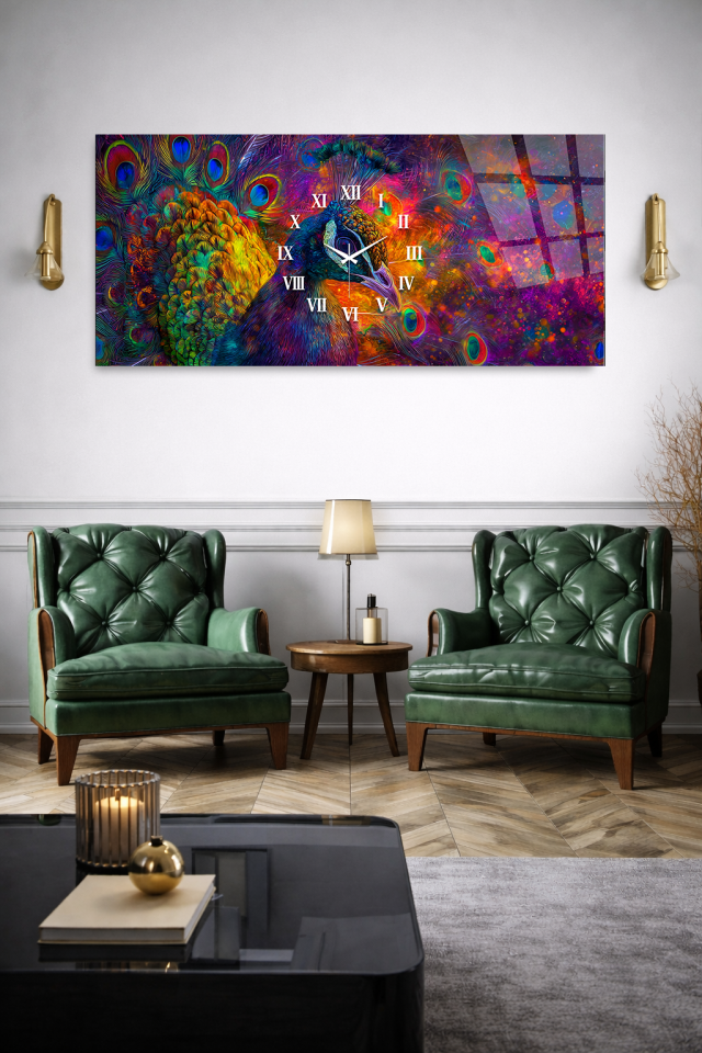 KIRILMAZ CAM DUVAR SAATİ , HEM TABLO HEM SAAT TAVUS KUŞU RENKLİ SANAT EV OFİS HEDİYESİ