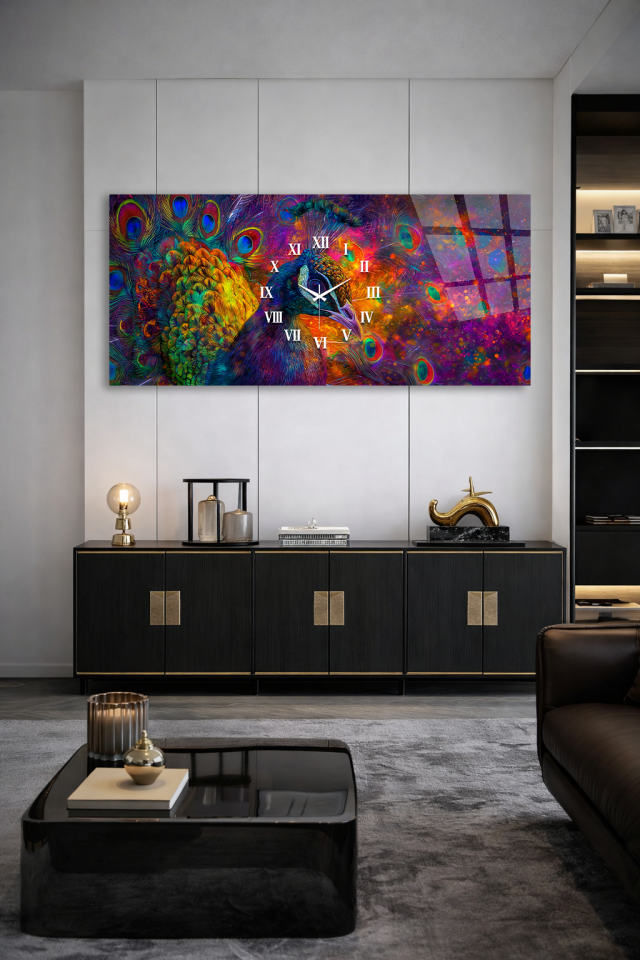 KIRILMAZ CAM DUVAR SAATİ , HEM TABLO HEM SAAT TAVUS KUŞU RENKLİ SANAT EV OFİS HEDİYESİ