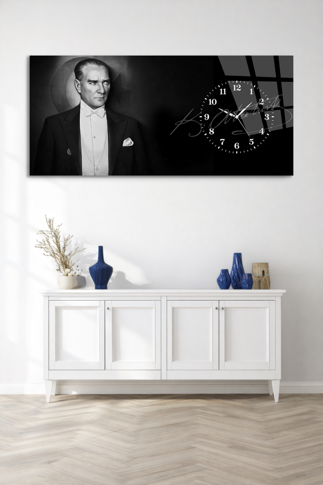 KIRILMAZ CAM DUVAR SAATİ, HEM TABLO HEM SAAT SİYAH BEYAZ ATATÜRK EV OFİS HEDİYESİ