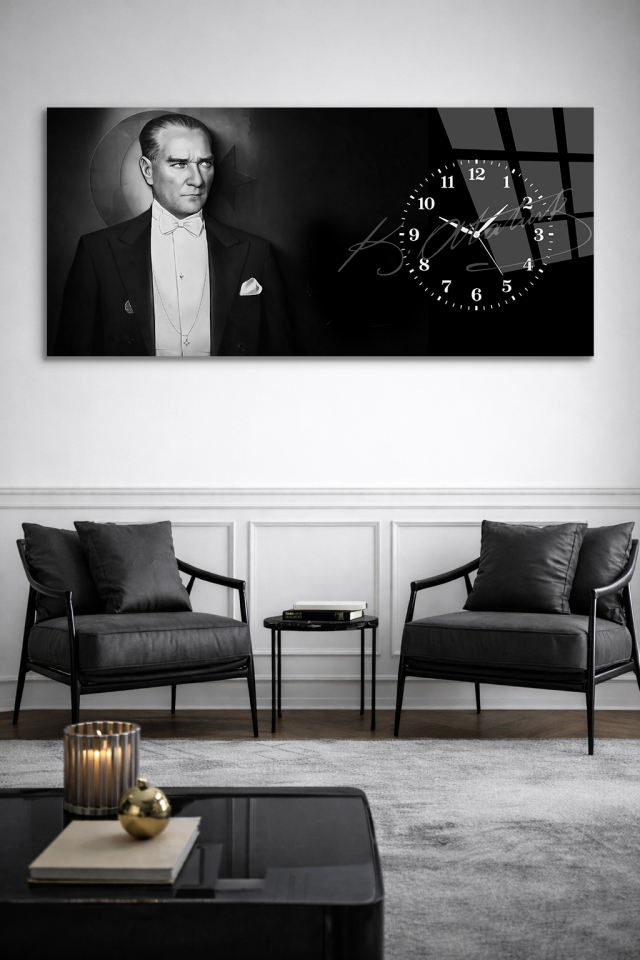 KIRILMAZ CAM DUVAR SAATİ, HEM TABLO HEM SAAT SİYAH BEYAZ ATATÜRK EV OFİS HEDİYESİ