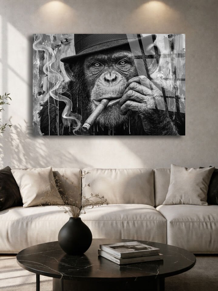 KIRILMAZ CAM TABLO , MODERN DUVAR DEKORASYONU MAYMUN PURO SİYAH BEYAZ SANAT EV OFİS HEDİYESİ
