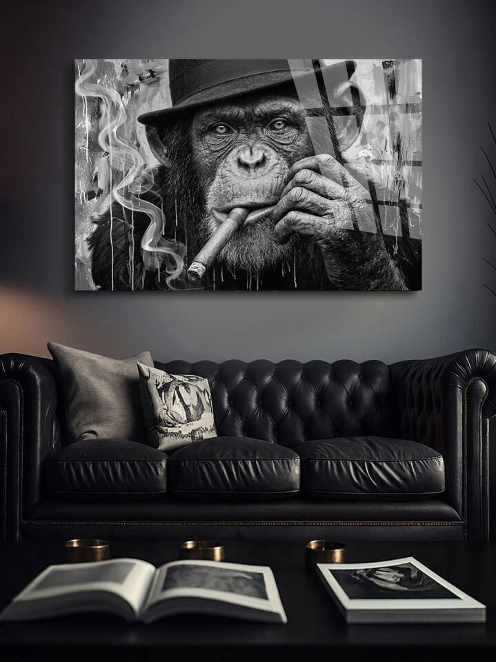 KIRILMAZ CAM TABLO , MODERN DUVAR DEKORASYONU MAYMUN PURO SİYAH BEYAZ SANAT EV OFİS HEDİYESİ