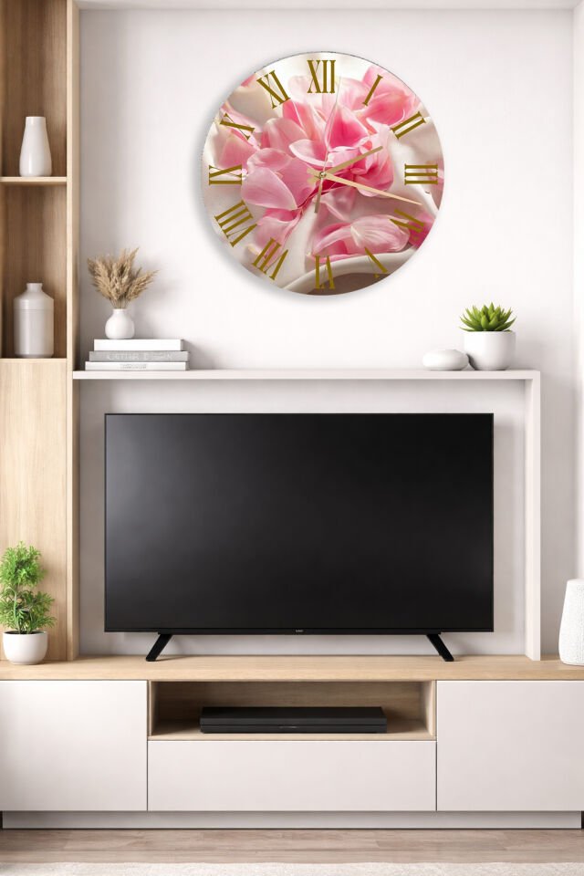 KIRILMAZ CAM DUVAR SAATİ, HEM TABLO HEM SAAT PEMBE ÇİÇEK YAPRAK ZARİF TASARIM EV OFİS HEDİYESİ