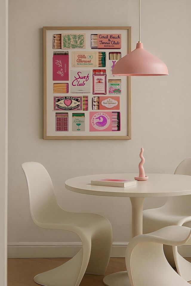 DOĞAL AHŞAP - Pembe Sticker Koleksiyonu Trendy Maksimalist Sanatı Ahşap Çerçeveli Duvar Tablosu