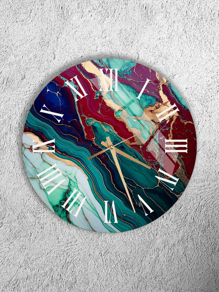 KIRILMAZ CAM DUVAR SAATİ, HEM TABLO HEM SAAT TURKUAZ BORDO MERMER ALTIN DAMARLI TASARIM EV OFİS HEDİYESİ