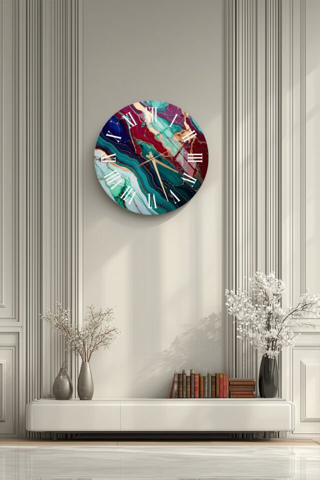KIRILMAZ CAM DUVAR SAATİ, HEM TABLO HEM SAAT TURKUAZ BORDO MERMER ALTIN DAMARLI TASARIM EV OFİS HEDİYESİ