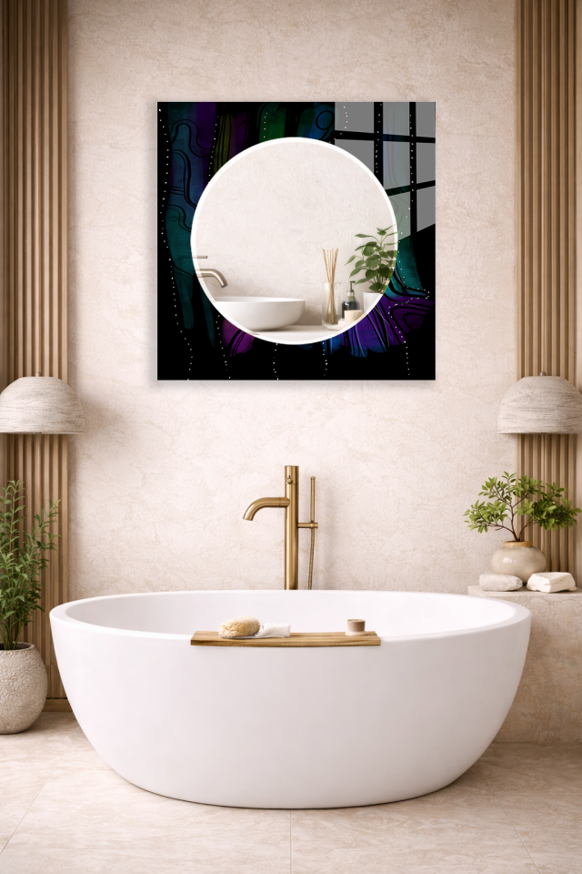 HEM TABLO HEM AYNA KOYU ZEMİN SOYUT MODERN SANAT DESEN CAM DUVAR AYNASI EV DEKORU