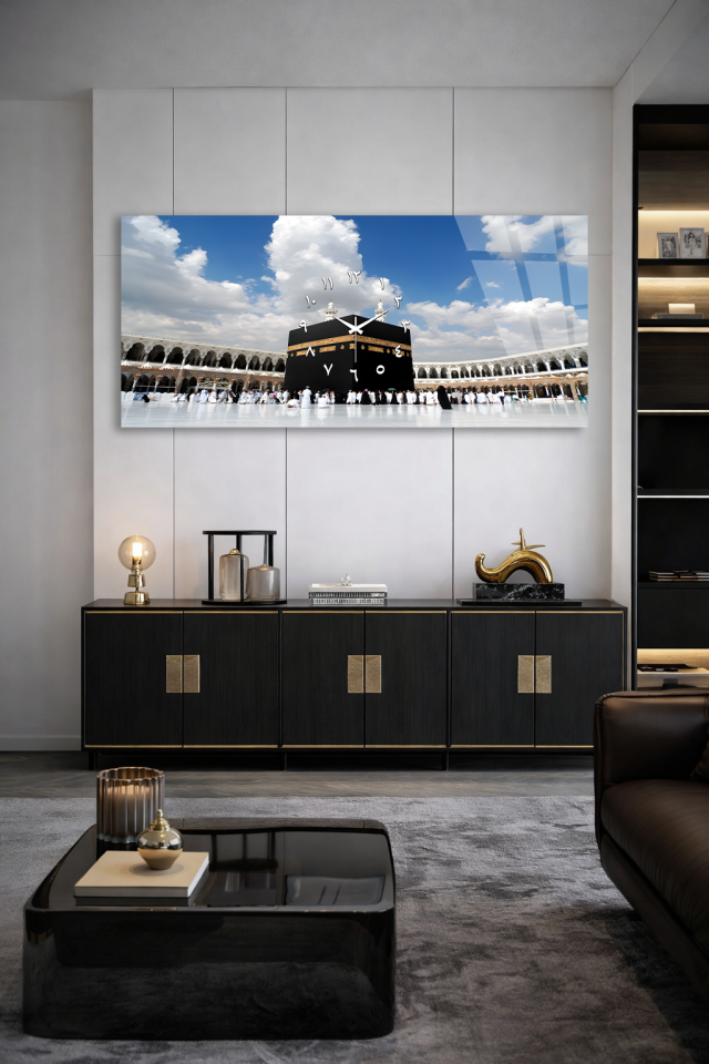 KIRILMAZ CAM DUVAR SAATİ , HEM TABLO HEM SAAT KABE MANZARASI İSLAMİ TASARIM EV OFİS HEDİYESİ