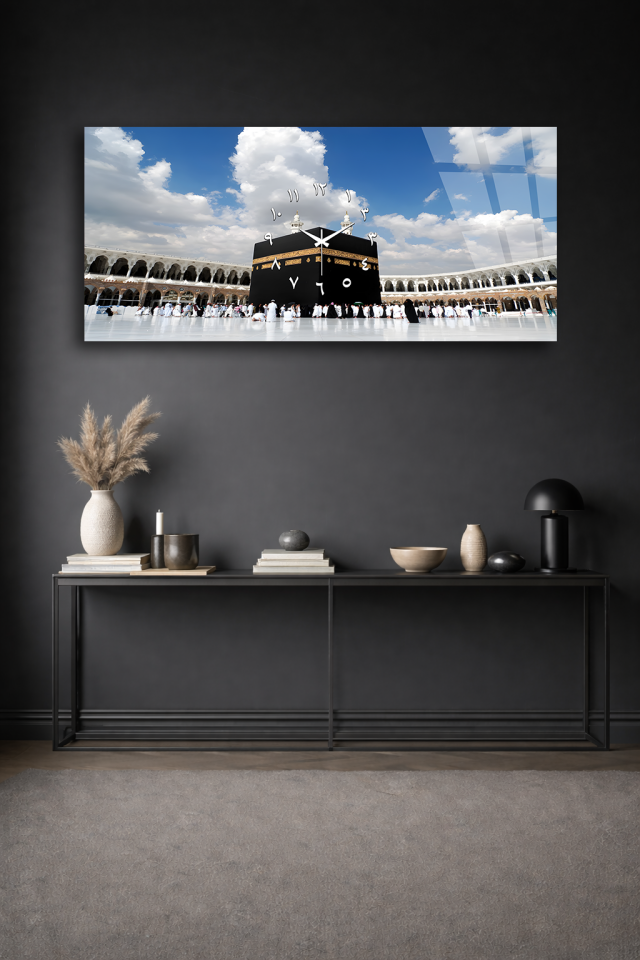 KIRILMAZ CAM DUVAR SAATİ , HEM TABLO HEM SAAT KABE MANZARASI İSLAMİ TASARIM EV OFİS HEDİYESİ