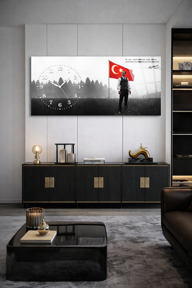 KIRILMAZ CAM DUVAR SAATİ, HEM TABLO HEM SAAT ATATÜRK VE TÜRK BAYRAĞI EV OFİS HEDİYESİ