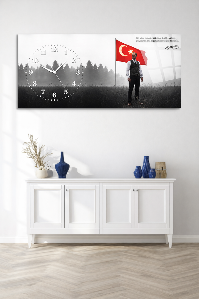 KIRILMAZ CAM DUVAR SAATİ, HEM TABLO HEM SAAT ATATÜRK VE TÜRK BAYRAĞI EV OFİS HEDİYESİ
