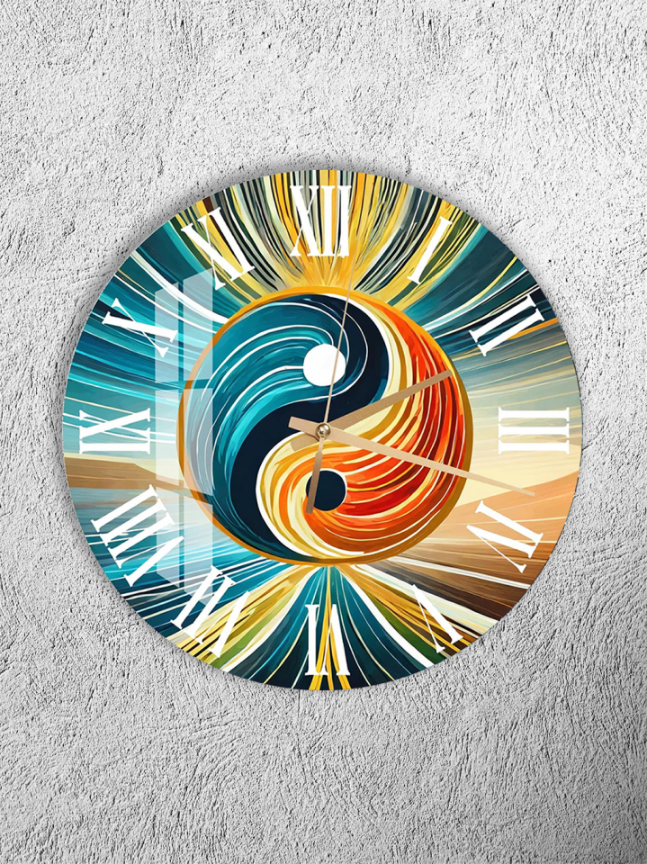 KIRILMAZ CAM DUVAR SAATİ, HEM TABLO HEM SAAT YİN YANG SOYUT SANAT TASARIM EV OFİS HEDİYESİ