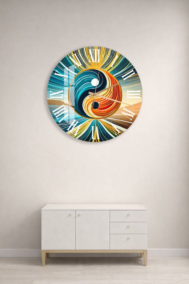 KIRILMAZ CAM DUVAR SAATİ, HEM TABLO HEM SAAT YİN YANG SOYUT SANAT TASARIM EV OFİS HEDİYESİ