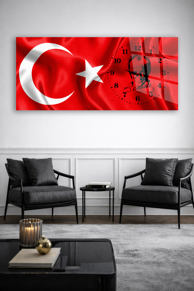 KIRILMAZ CAM DUVAR SAATİ, HEM TABLO HEM SAAT TÜRK BAYRAĞI ATATÜRK SİLÜETLİ EV OFİS HEDİYESİ