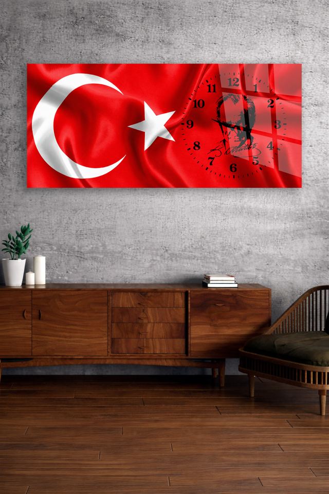 KIRILMAZ CAM DUVAR SAATİ, HEM TABLO HEM SAAT TÜRK BAYRAĞI ATATÜRK SİLÜETLİ EV OFİS HEDİYESİ