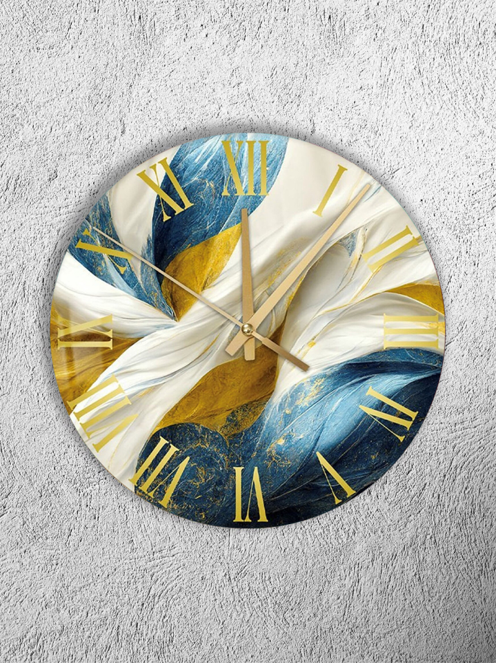 KIRILMAZ CAM DUVAR SAATİ, HEM TABLO HEM SAAT MAVİ BEYAZ ALTIN SOYUT SANAT LÜKS TASARIM EV OFİS HEDİYESİ