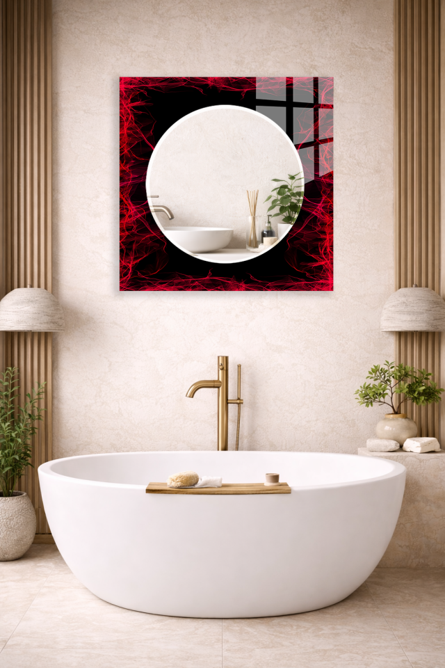 HEM TABLO HEM AYNA KIRMIZI ENERJİ SOYUT DESEN CAM DUVAR AYNASI EV DEKORU
