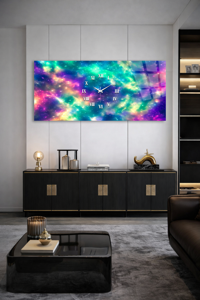 KIRILMAZ CAM DUVAR SAATİ , HEM TABLO HEM SAAT GALAKSİ KOZMİK RENKLER EV OFİS HEDİYESİ