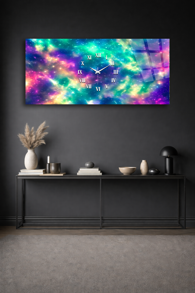 KIRILMAZ CAM DUVAR SAATİ , HEM TABLO HEM SAAT GALAKSİ KOZMİK RENKLER EV OFİS HEDİYESİ