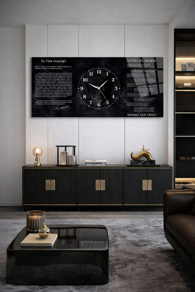 KIRILMAZ CAM DUVAR SAATİ , HEM TABLO HEM SAAT İSTİKLAL MARŞI VE GENÇLİĞE HİTABE EV OFİS HEDİYESİ