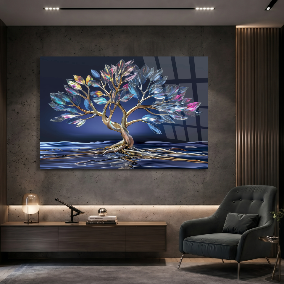 KIRILMAZ CAM TABLO , MODERN DUVAR DEKORASYONU METALİK AĞAÇ MODERN SANAT EV OFİS HEDİYESİ