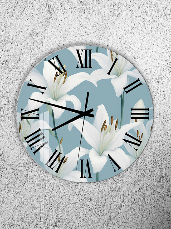 KIRILMAZ CAM DUVAR SAATİ, HEM TABLO HEM SAAT BEYAZ ZAMBAK ÇİÇEK DESEN ZARİF TASARIM EV OFİS HEDİYESİ
