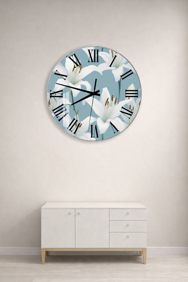 KIRILMAZ CAM DUVAR SAATİ, HEM TABLO HEM SAAT BEYAZ ZAMBAK ÇİÇEK DESEN ZARİF TASARIM EV OFİS HEDİYESİ