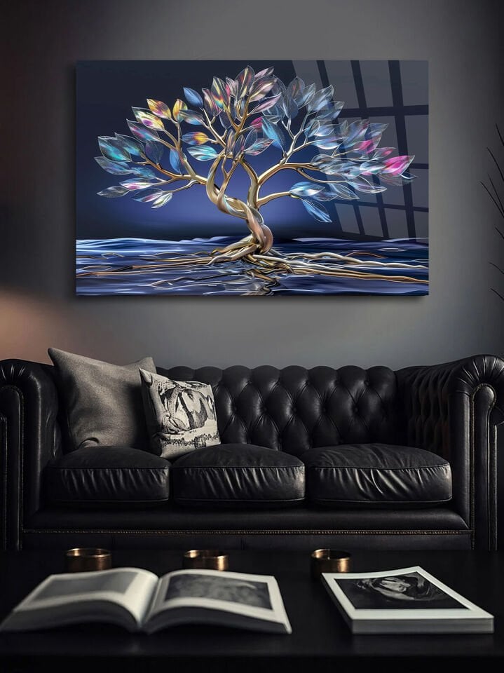 KIRILMAZ CAM TABLO , MODERN DUVAR DEKORASYONU METALİK AĞAÇ MODERN SANAT EV OFİS HEDİYESİ