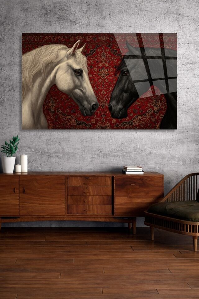 KIRILMAZ CAM TABLO BEYAZ VE SİYAH AT İRAN HALISI DESENİ Kırmızı