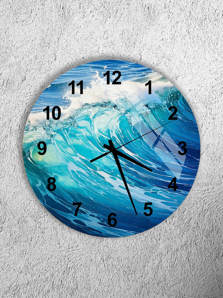 KIRILMAZ CAM DUVAR SAATİ, HEM TABLO HEM SAAT OKYANUS DALGA TEMALI DOĞA ESİNTİLİ TASARIM EV OFİS HEDİYESİ