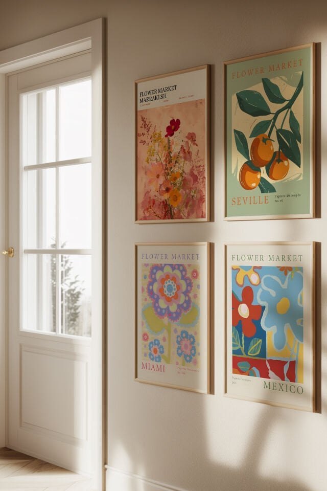 DOĞAL AHŞAP - Retro Çiçek Marketi Serisi - Marrakesh, Seville, Miami, Mexico 4'lü Ahşap Çerçeveli Tablo