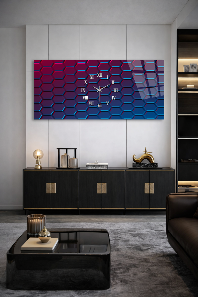 KIRILMAZ CAM DUVAR SAATİ , HEM TABLO HEM SAAT GEOMETRİK ALTIGEN DESEN EV OFİS HEDİYESİ