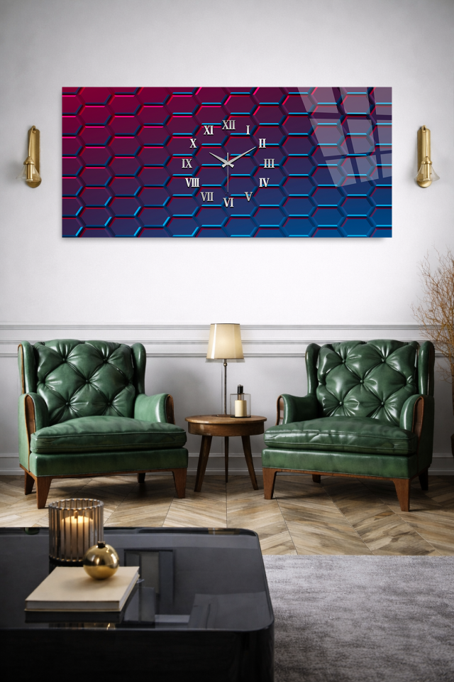 KIRILMAZ CAM DUVAR SAATİ , HEM TABLO HEM SAAT GEOMETRİK ALTIGEN DESEN EV OFİS HEDİYESİ