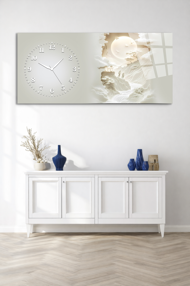 KIRILMAZ CAM DUVAR SAATİ , HEM TABLO HEM SAAT BULUTLAR VE AY MANZARASI EV OFİS HEDİYESİ