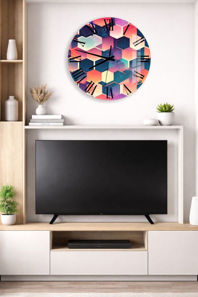 KIRILMAZ CAM DUVAR SAATİ, HEM TABLO HEM SAAT RENKLİ GEOMETRİK KÜP DESEN MODERN TASARIM EV OFİS HEDİYESİ