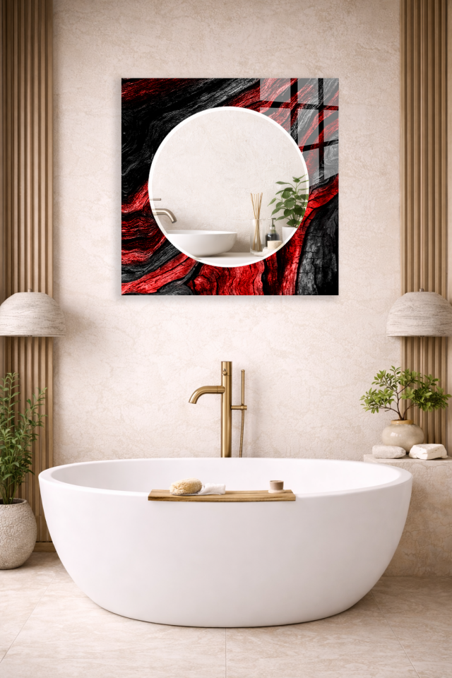 HEM TABLO HEM AYNA SİYAH KIRMIZI MERMER DOKU DESEN CAM DUVAR AYNASI EV DEKORU