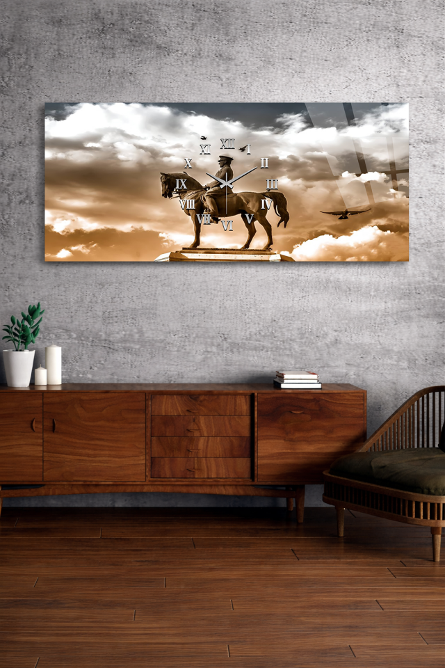 KIRILMAZ CAM DUVAR SAATİ , HEM TABLO HEM SAAT ATATÜRK HEYKELİ TEMALI EV OFİS HEDİYESİ