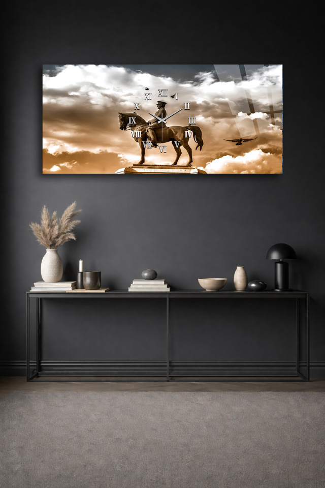 KIRILMAZ CAM DUVAR SAATİ , HEM TABLO HEM SAAT ATATÜRK HEYKELİ TEMALI EV OFİS HEDİYESİ