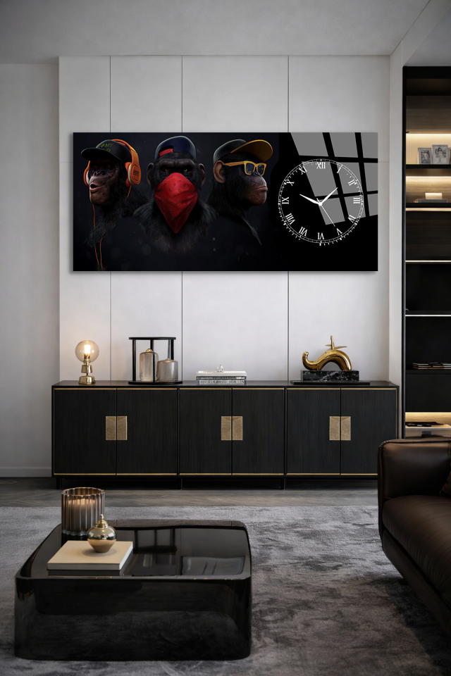 KIRILMAZ CAM DUVAR SAATİ , HEM TABLO HEM SAAT MODERN MAYMUN ÜÇLÜ TASARIM EV OFİS HEDİYESİ