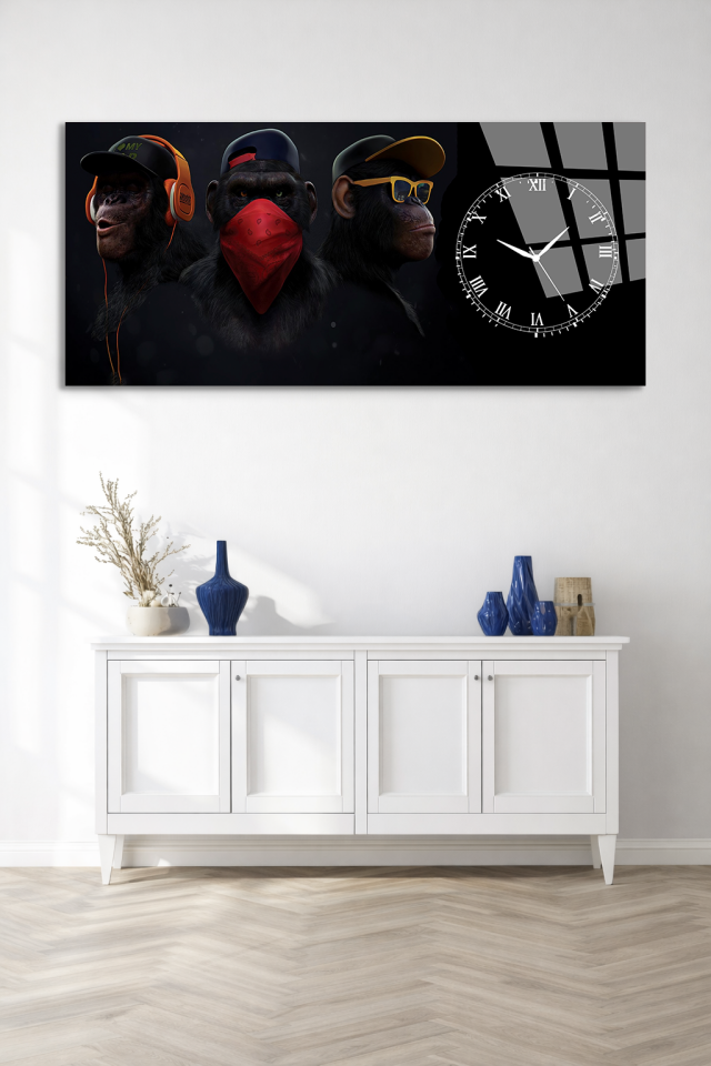 KIRILMAZ CAM DUVAR SAATİ , HEM TABLO HEM SAAT MODERN MAYMUN ÜÇLÜ TASARIM EV OFİS HEDİYESİ